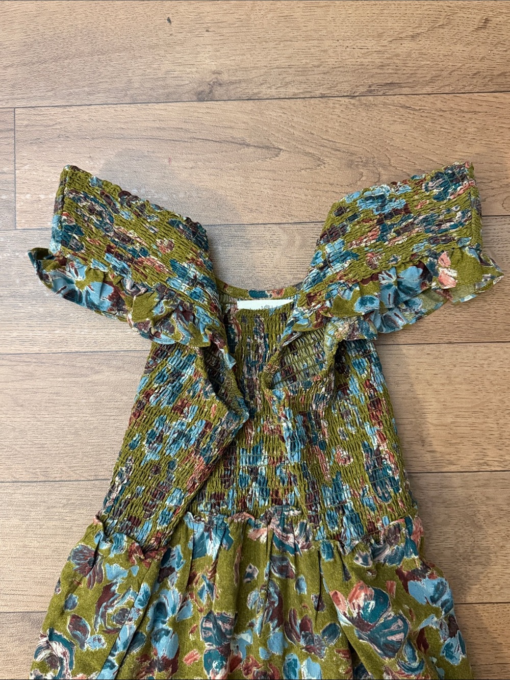 Natural Life Size Large Olivia Smocked Maxi Dress In Olive Floral Vacation Comfy - Picture 14 of 14